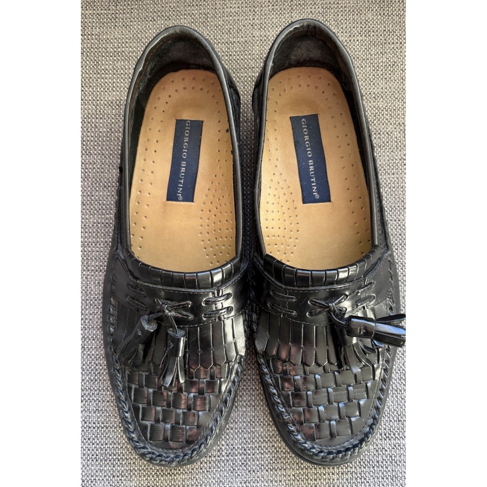 Giorgio Brutini Le Glove Black Woven Leather Loafer Shoes Tassels Mens 8.5